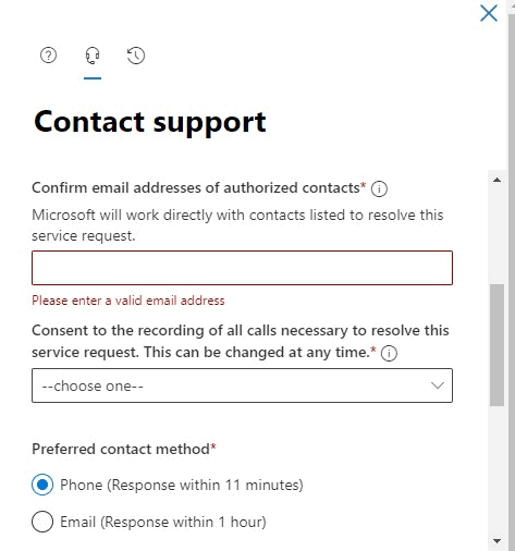 Contact support, email and preferred contact method.